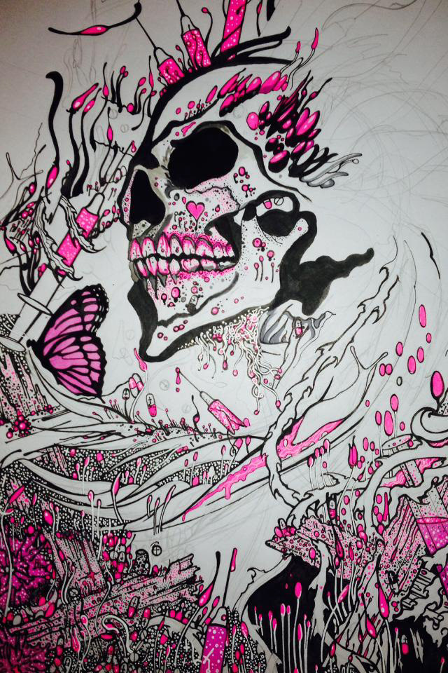 pen ink detail detailed markers Nature skull pink black White cross
