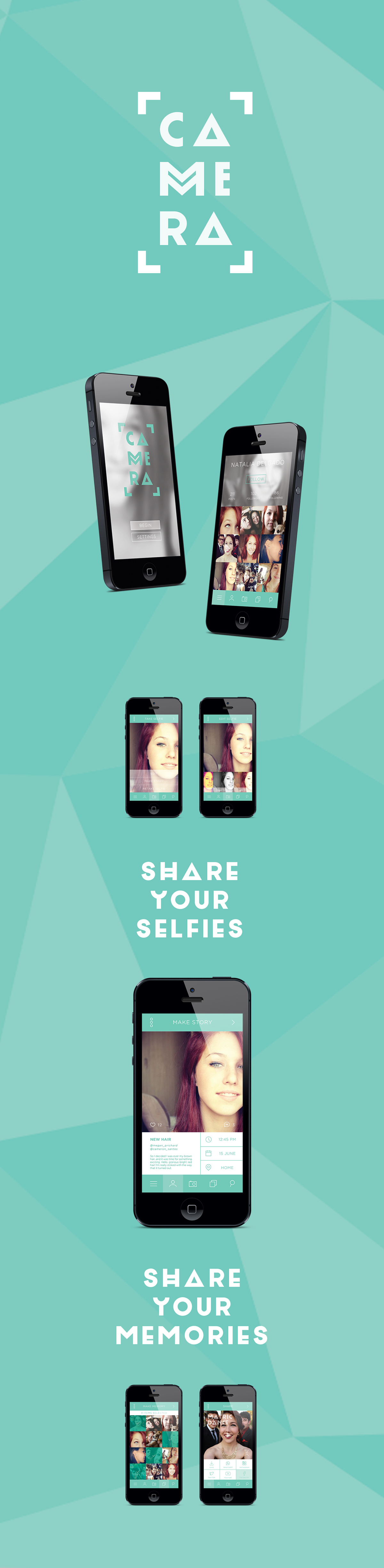 Mobile app concept app iphone app selfie Camera app interface design flat design minimalist grey turquoise social media Selfie app self-portrait identity