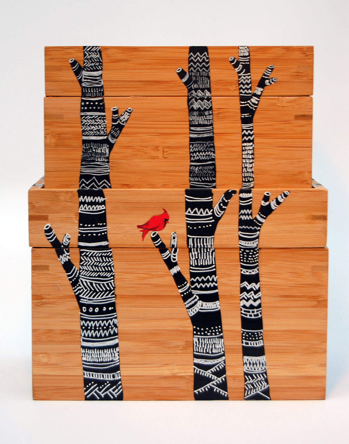 sweater Tree  cardinal red bird black White bamboo box