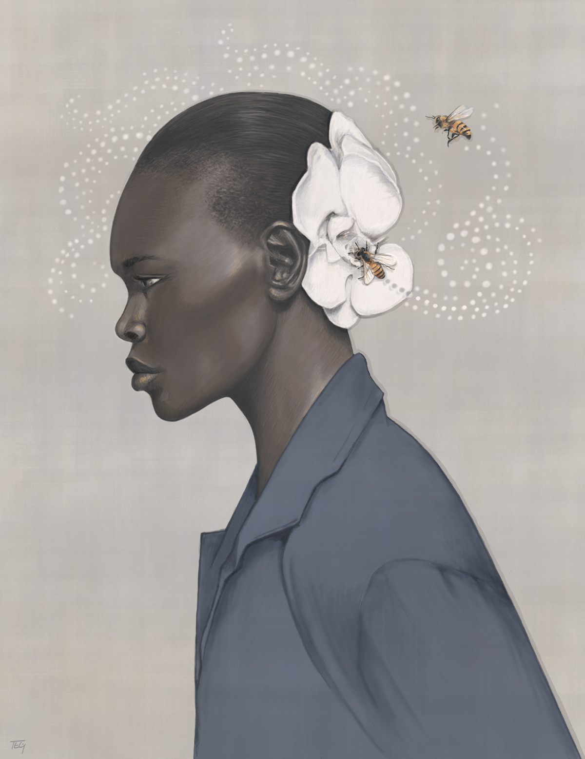 portrait woman beauty bee honeybee whimsical ethereal fashion illustration Neutral flower realistic risd