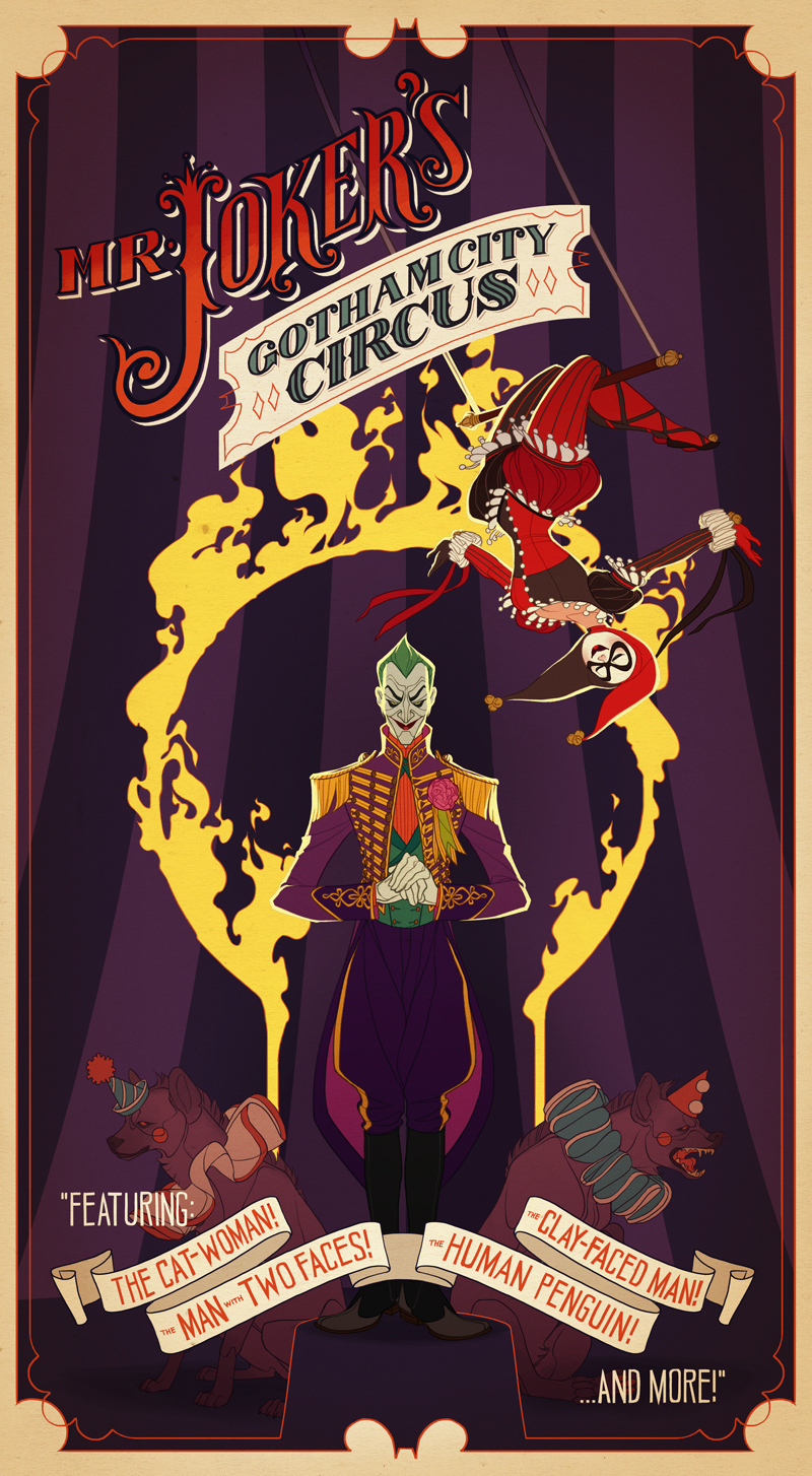 batman Arkham joker harley quinn Circus Victorian STEAMPUNK lettering poster