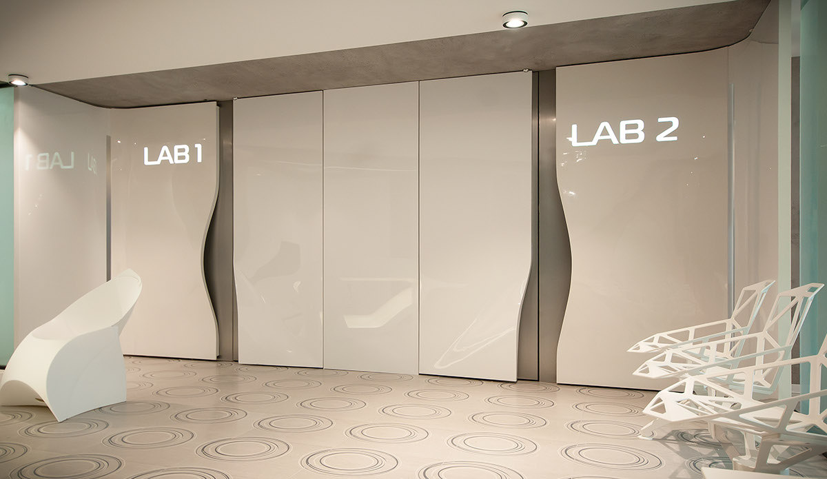 Office genetic laboratory modern futuristic Reception desk waiting area magis flux conferece room Sink bathroom toilet Doors sliding doors