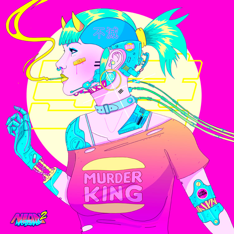 aesthetic colors Cyberpunk neon portrait skull vaporwave