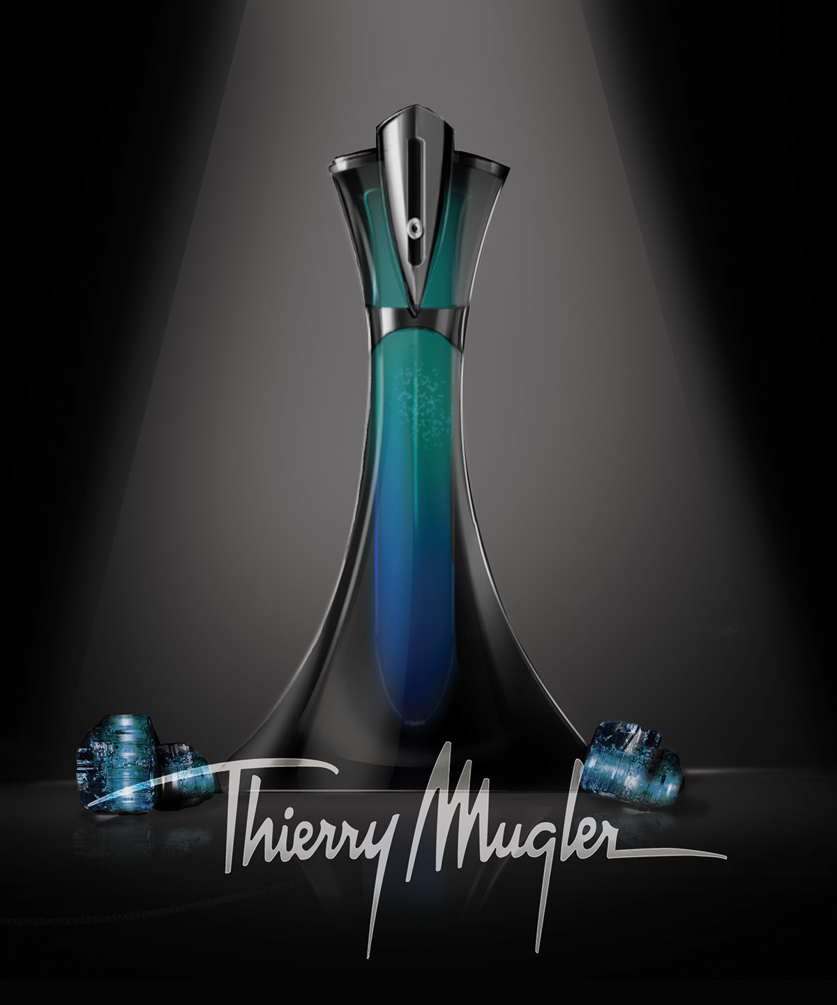 underwater perfume Thierry Mugler blue Render digital render sketching glass bottle luxury pendant