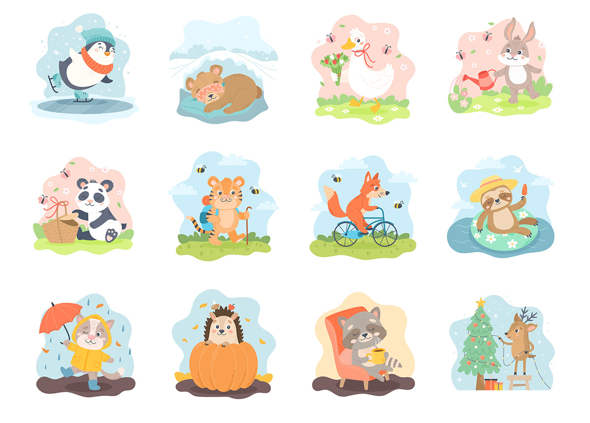 animals calendar cartoon children Collection cute digital illustration ILLUSTRATION  seasonal biscotto design
