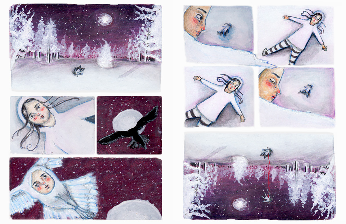 mixed media colored pencil Acrylic paint forest snow owl comic dream
