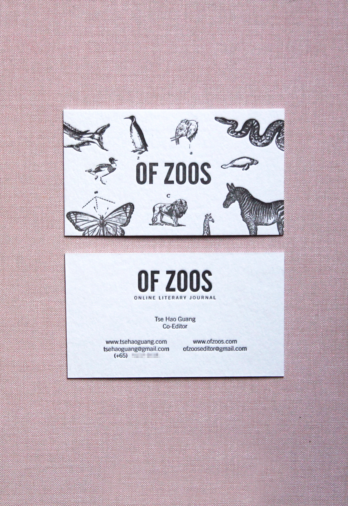 business card Name card OF ZOOS Tse Hao Guang Kimberly Lim writer poet singapore literature the gentlemen's press letterpress