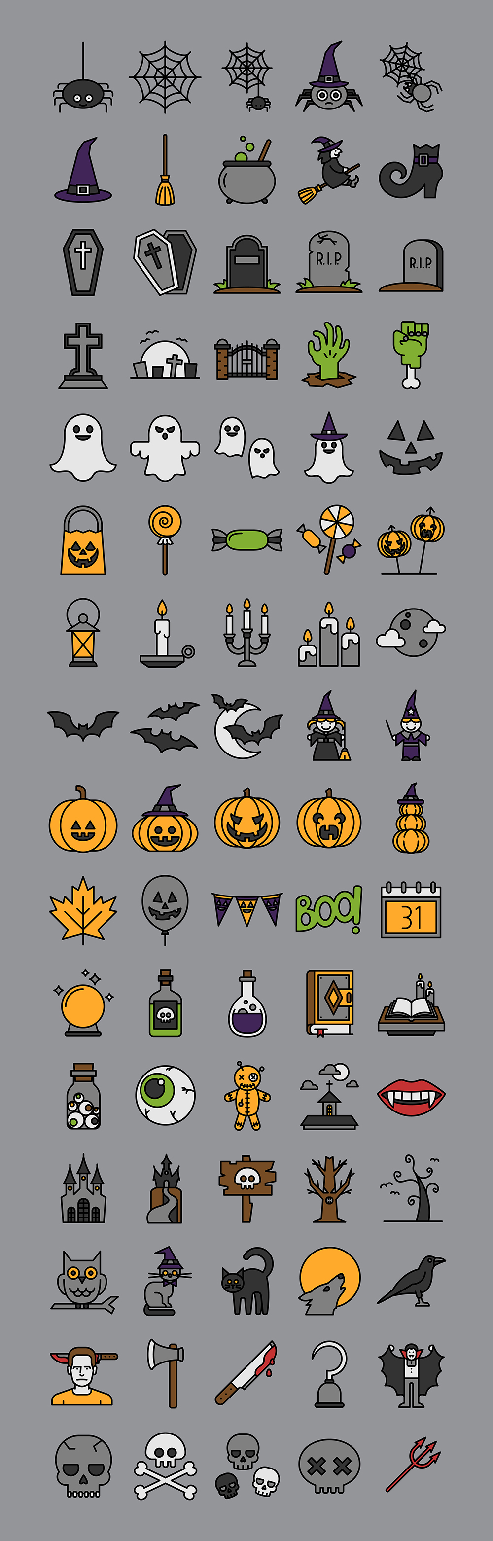 Adobe Portfolio Halloween horror Icon line icon flat line free download freebie icon set pumpkin skull witch spider ghost