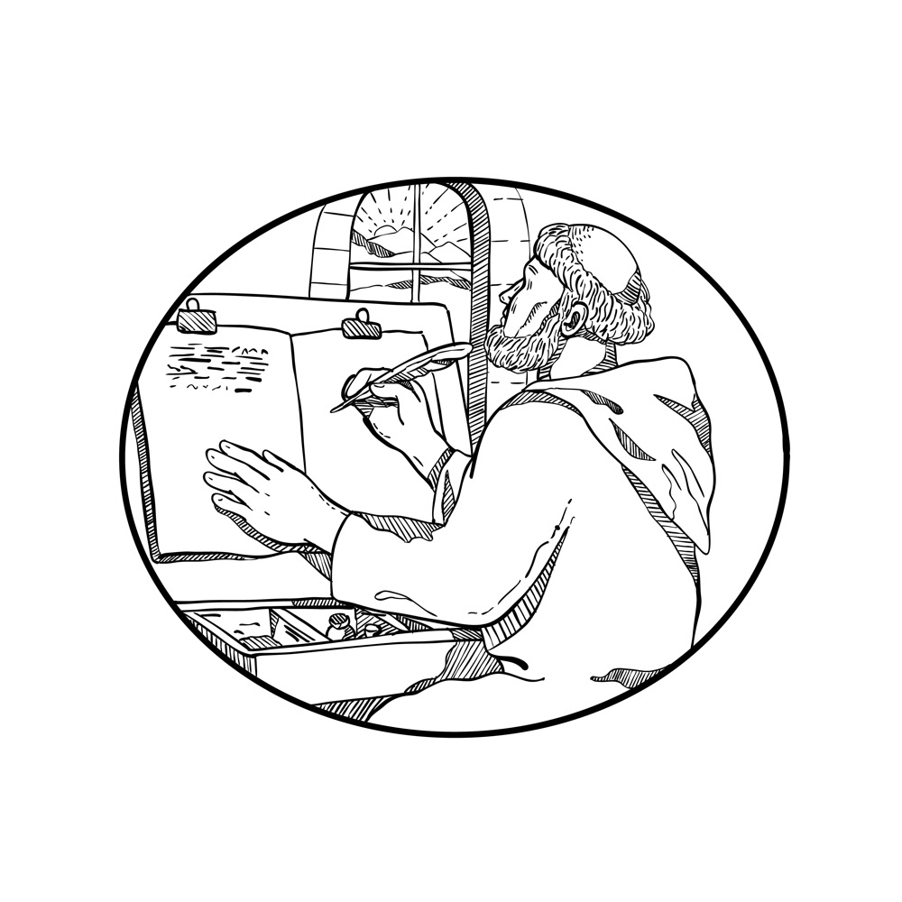 Drawing  doodle medieval monk monastic scribe writing  copying illuminating manuscript monastic