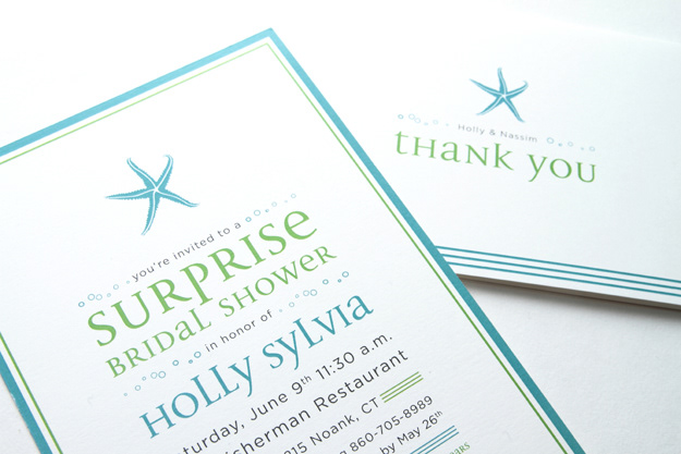 starfish  sea shoreline Connecticut Custom bridal shower invitations blue green thank yous cards print