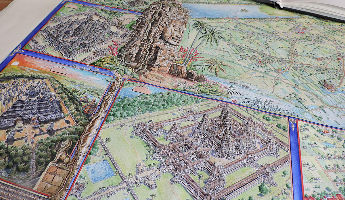Angkor Wat Wat temple Wonders city map ponaramic map Cambodia watercolour handmade longwork detailmap Travelling