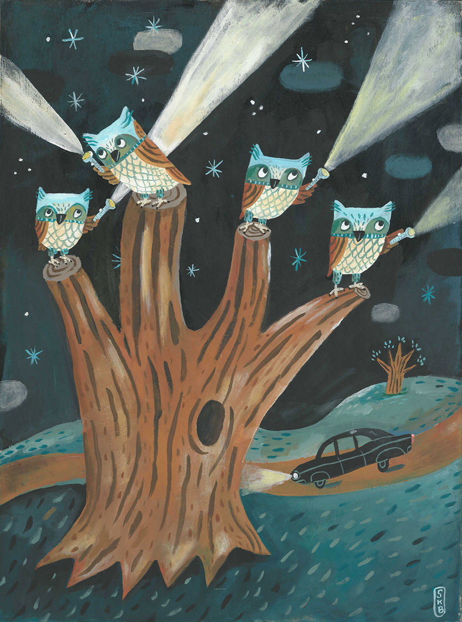 owls bird night animal stars Tree  children's