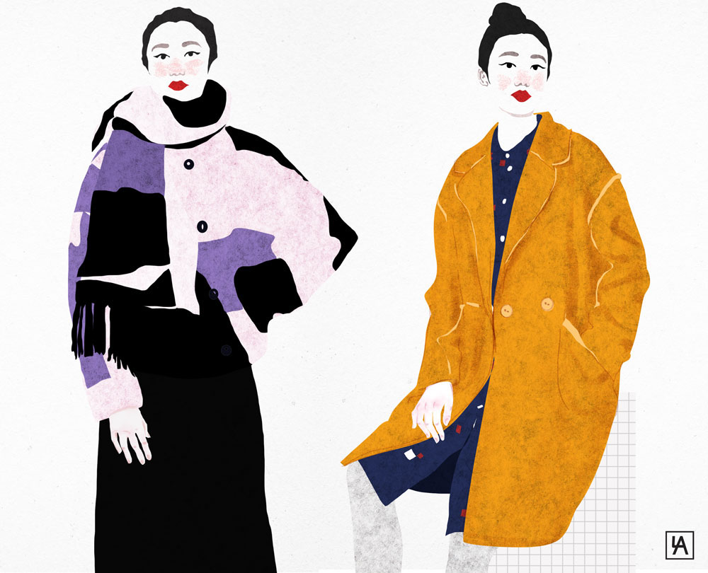 chinese fashion illustration colorfull winter girls coat dress figure