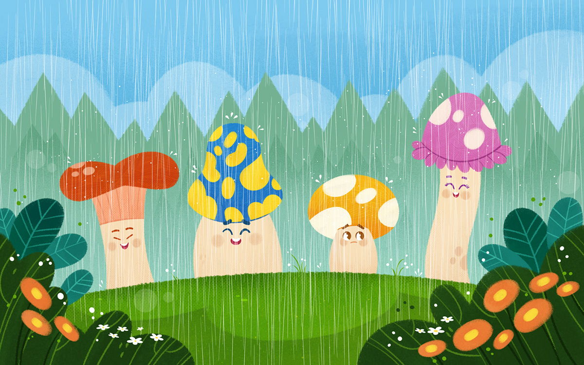 children books children illustration forest ILLUSTRATION  kidlit kidlitart mushroom Nature picturebook rain