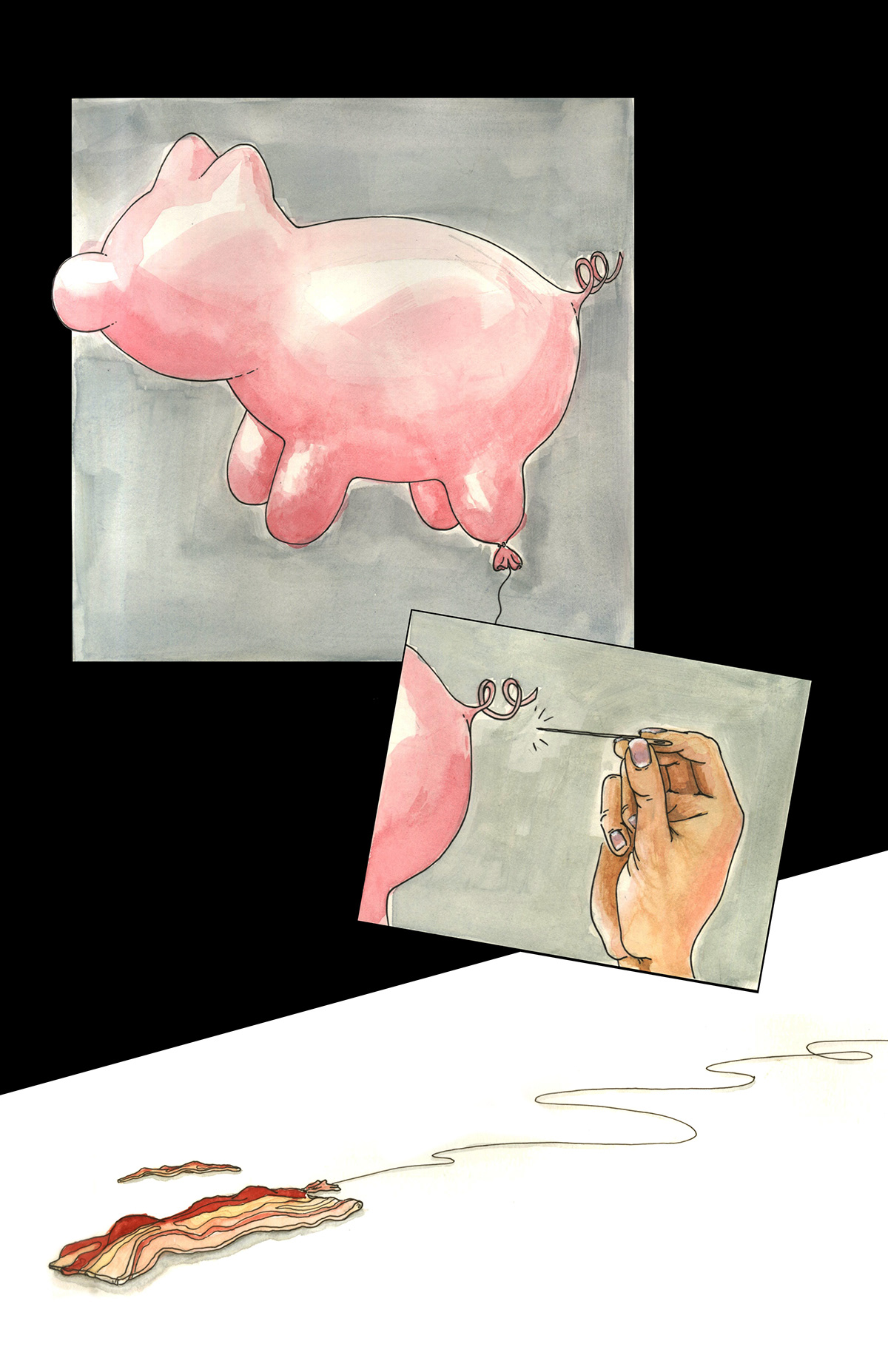 comic wordless comic pig balloon bacon gouache ink