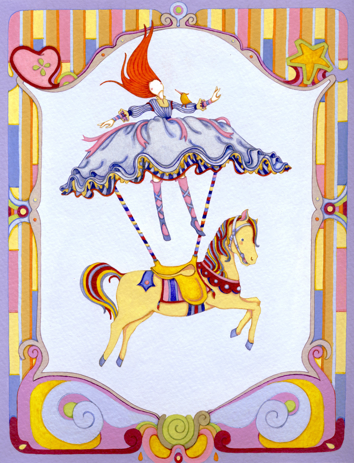 girl carousel horse wooden horse flying girl frame pattern border doll whimsical vintage