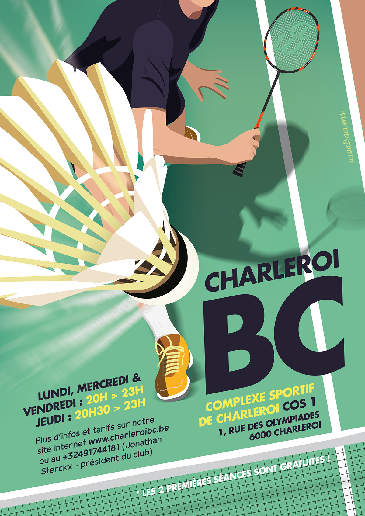 badminton poster Racket Shuttlecock vector Illustrator green court sport affiche