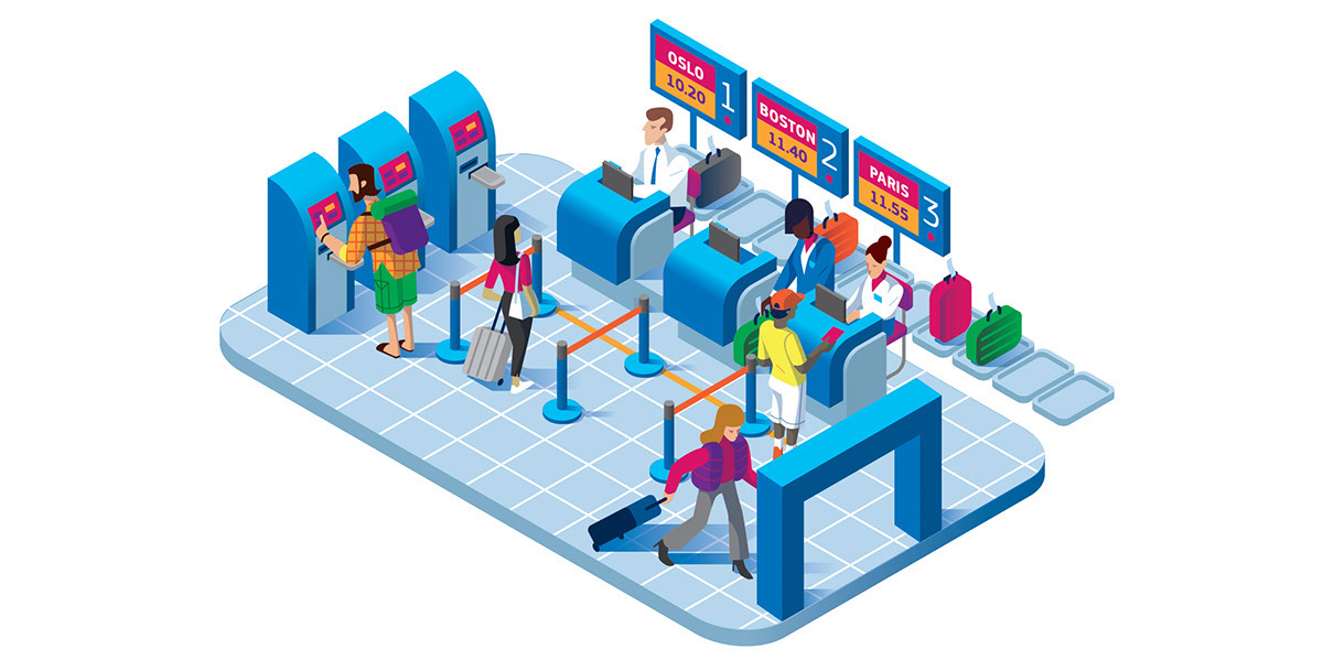 airport Isometric airplane security baggage Holiday flight departures arrivals vector