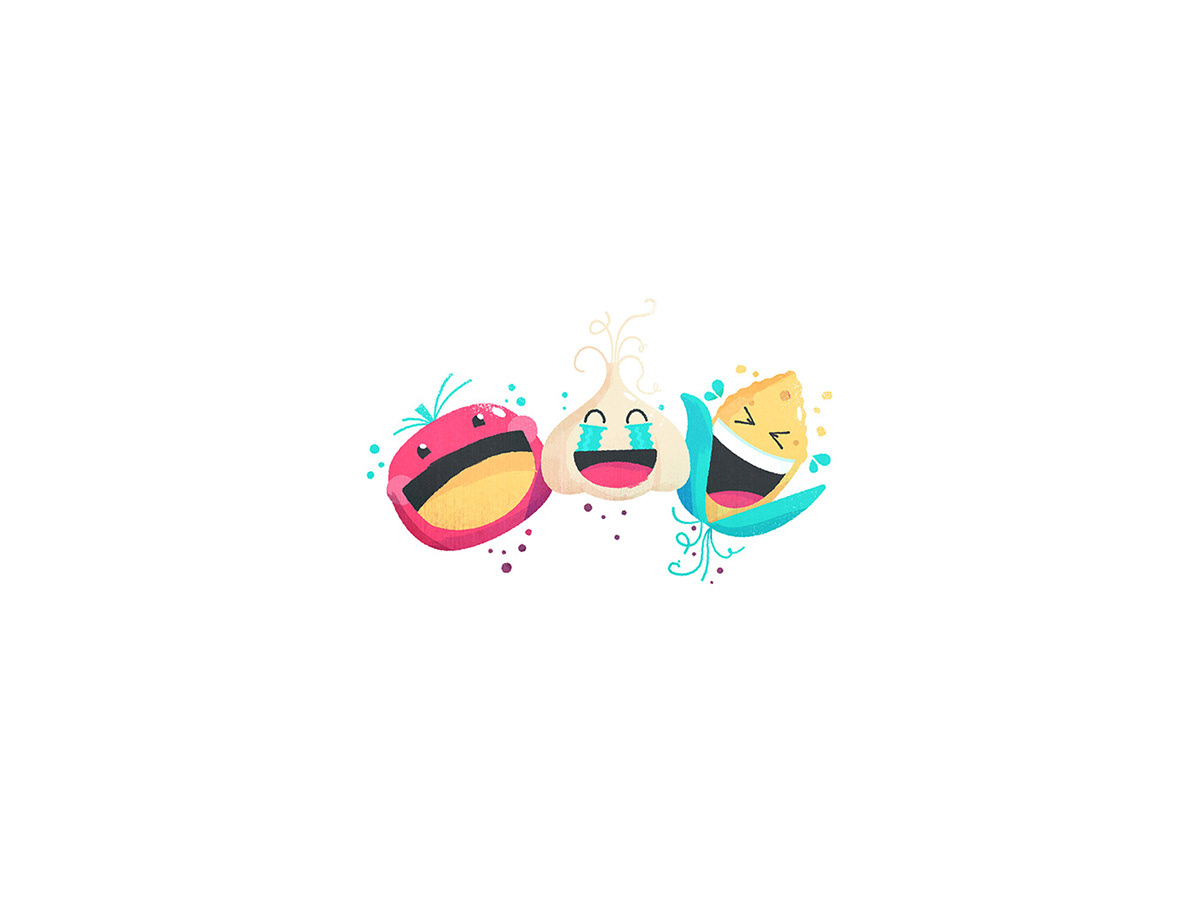 Character emojis of tomatoes onions and corn