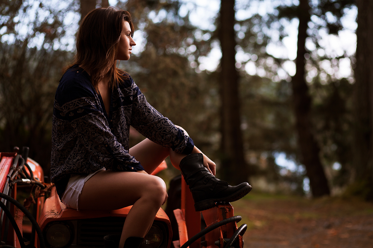 Tractor legs brunette Beautiful boots sexy bra jean shorts Fall autumn woods forest