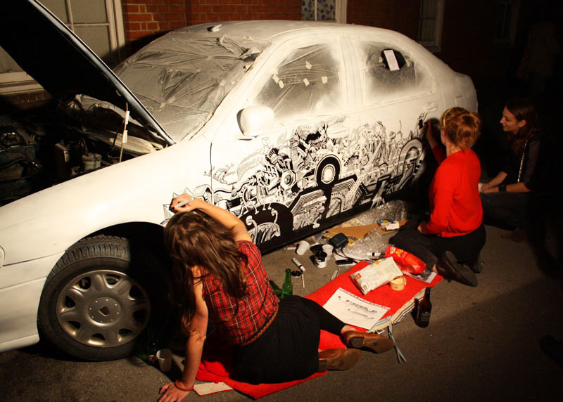 car painting live painting Car Illustration applied illustration Line Work etching style Posca Pens car drawing rover London Design Week
