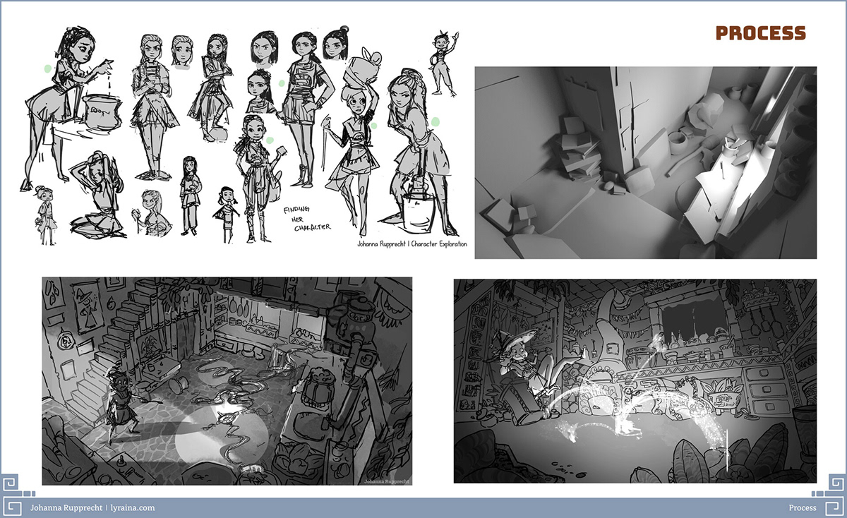 process shots of two illustrations, sketches, 