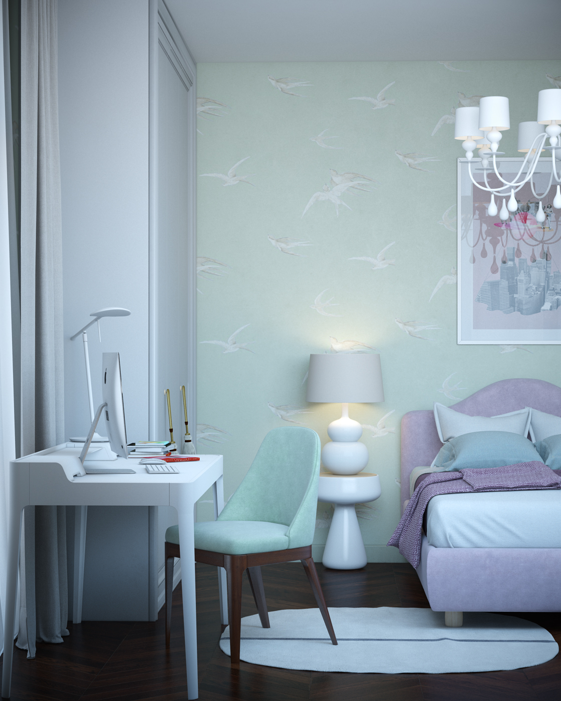 Girls room wallpaper mint modern lightgreen pink Piano Interior design