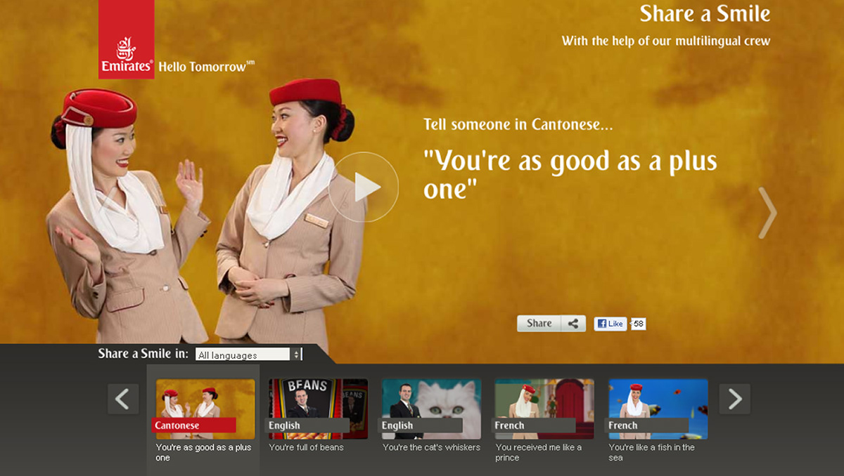 emirates interactive compliment smile multilingual language game copywriting 