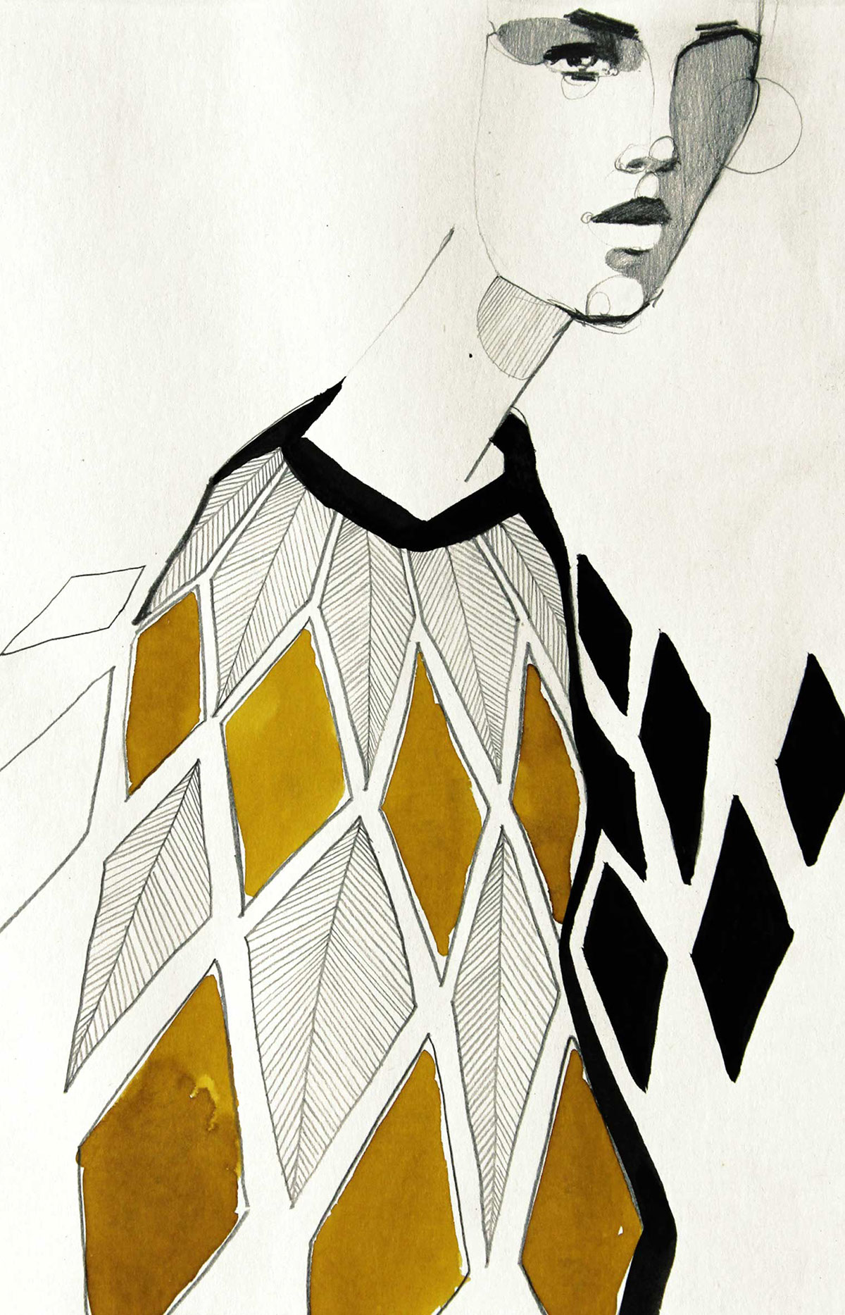 mirror Zeitgeist Ekaterina Koroleva fashion illustration ink pen portrait of rhombus watercolor