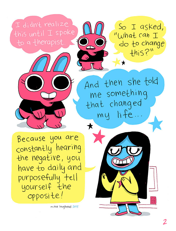 self help affirmations pink bunny comic CMYK Positive mental health