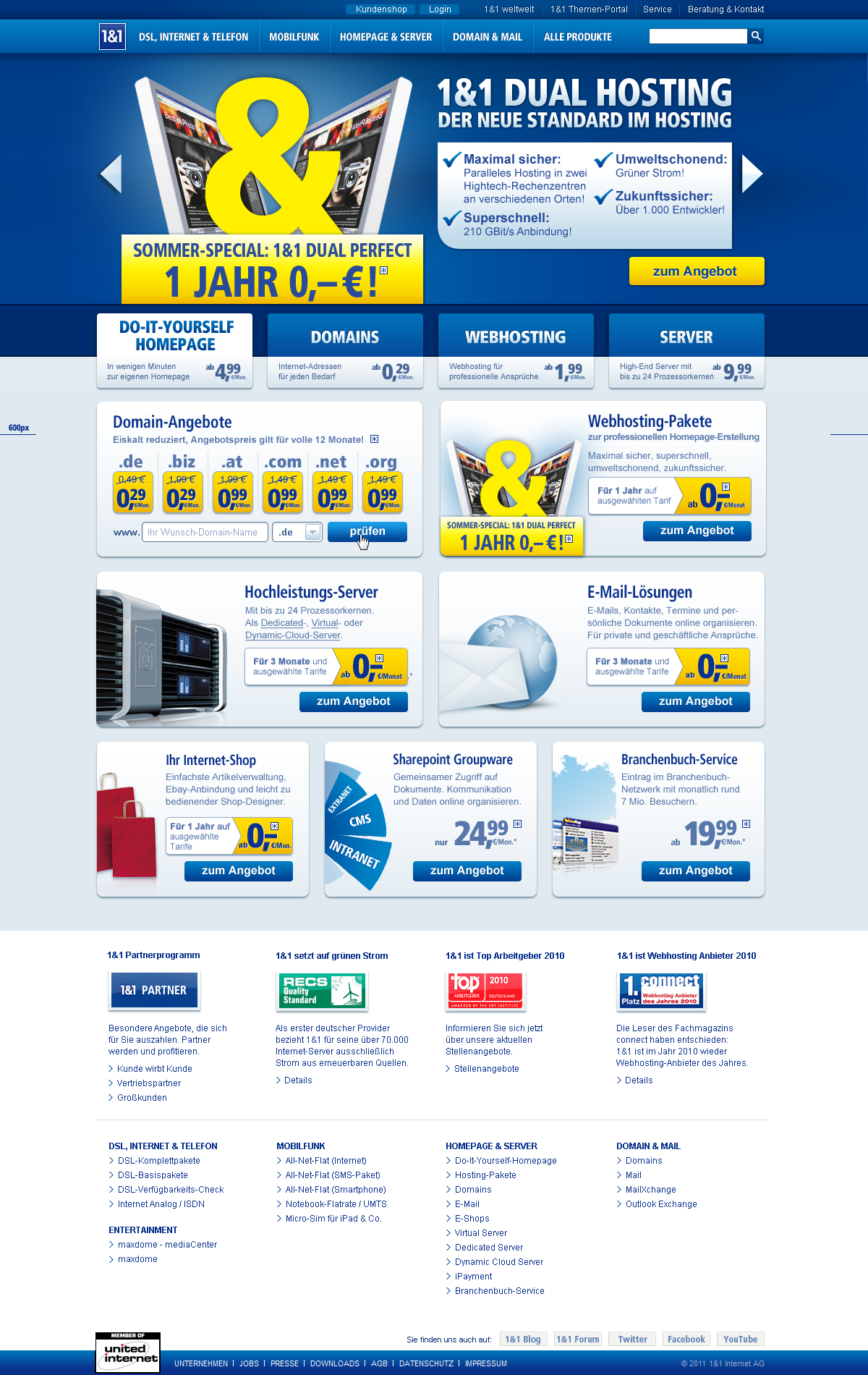 1&1 homepage Startseite Ecommerce online shops hosting telco