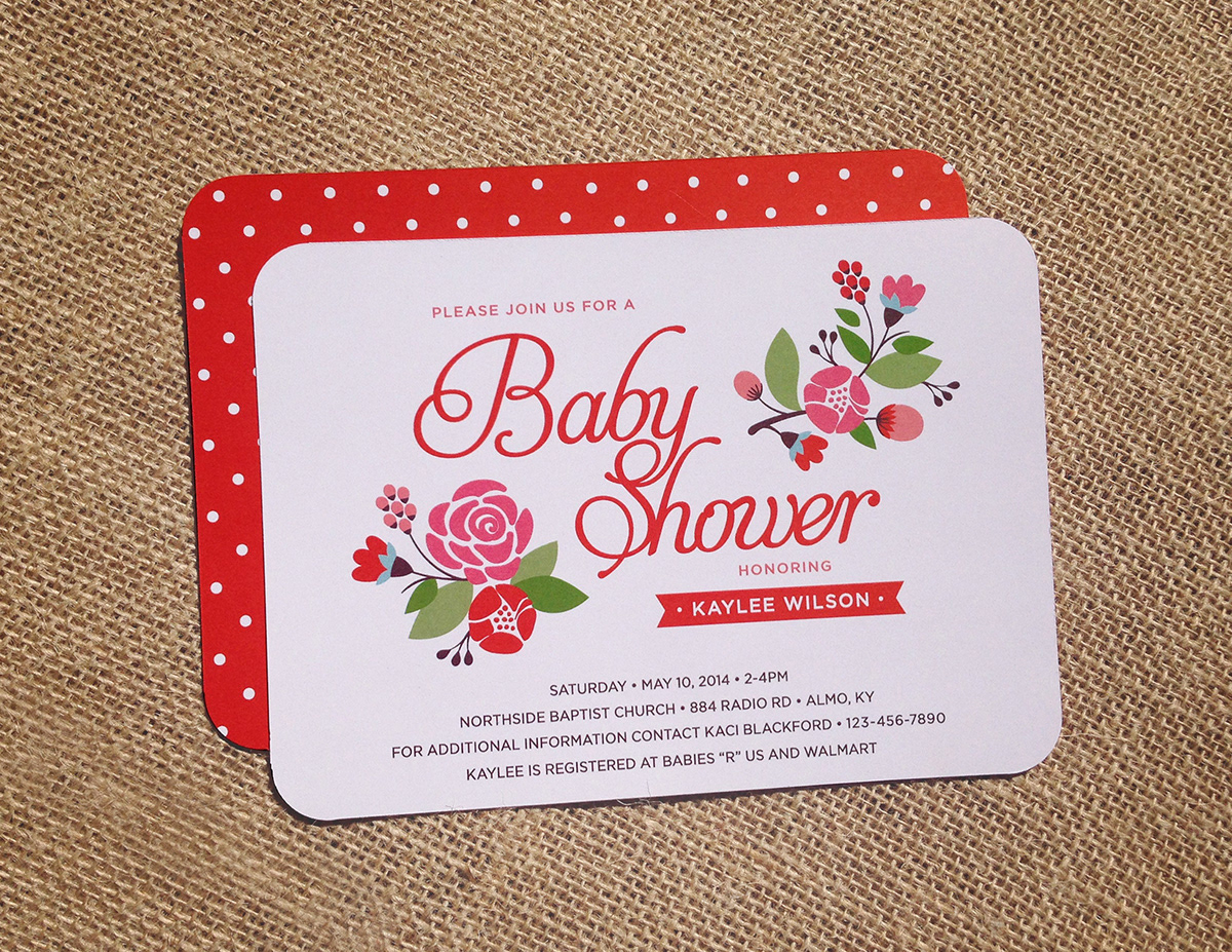 Baby Shower Invitation floral Polk Dots baby girl vector stationary card envelope sticker coral pink