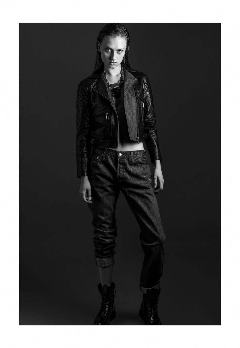 Denim jeans leather jacket editorial magazine female studio