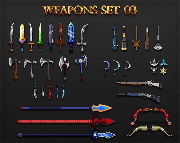2D axe bow mace raifel shurikens spears Sword weapons