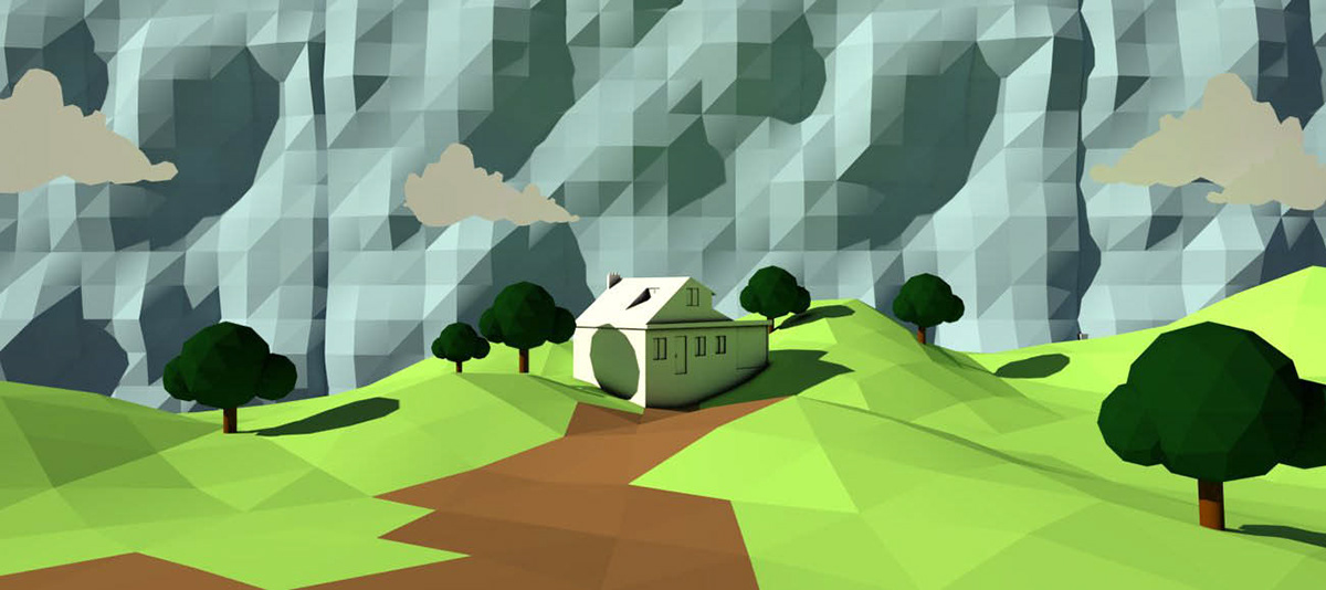 house lowpoly 3D 2D environment scape mountains trees hills SKY