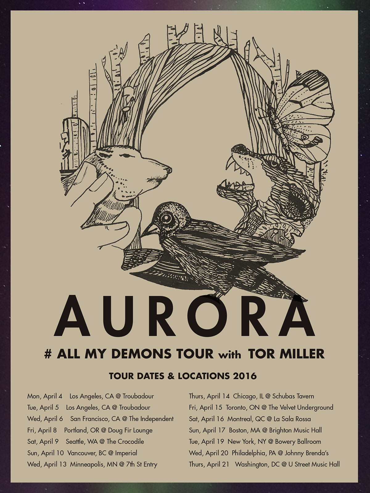 aurora Singer Tor Miller Poster Design illustrations norwegian All My Demons Tour Poster
