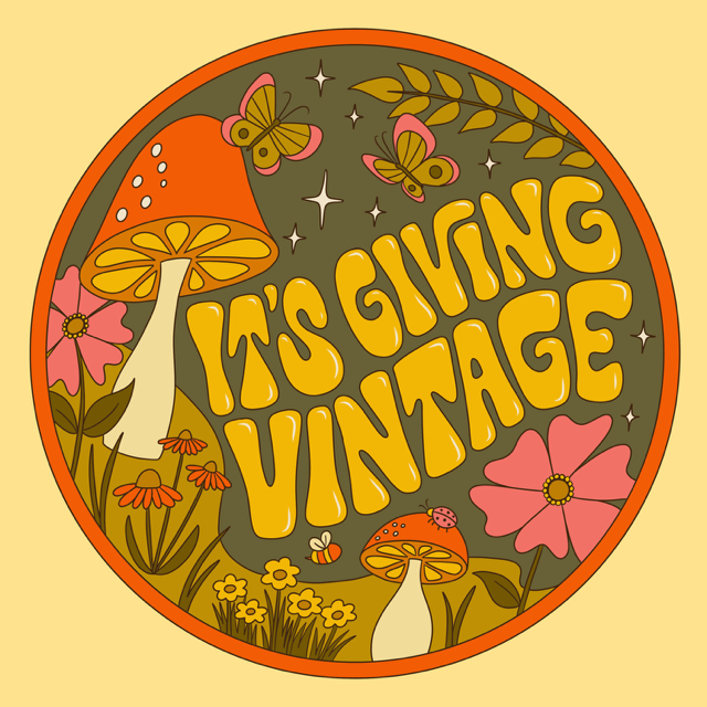 vintage thrift thrifting Mushrooms 70s flower power Retro lettering logo