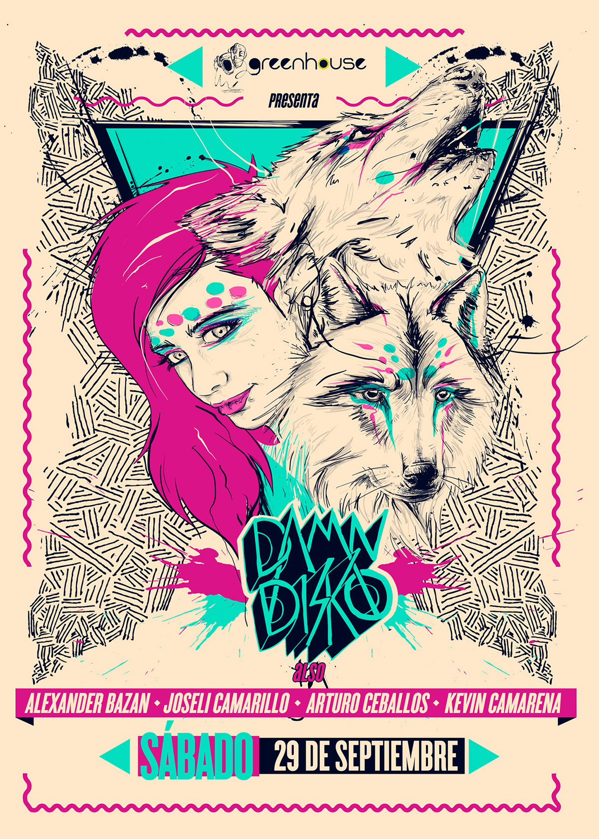 Damn disco wolves  wolf morelia mexico Guadalajara electro poster Folkensio greenhouse