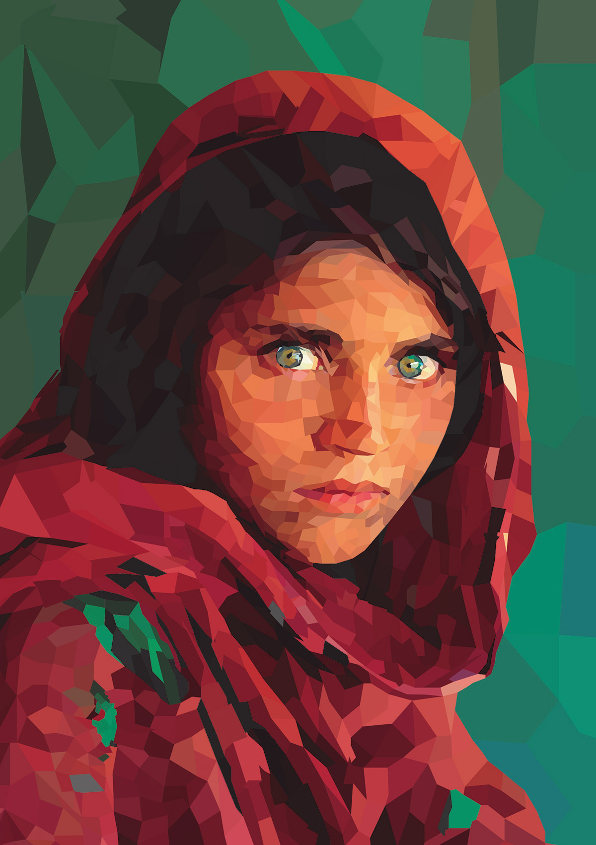 The image is a illustration of the photo Afhegan Girl from Steve McCurry. The woman have green eyes 