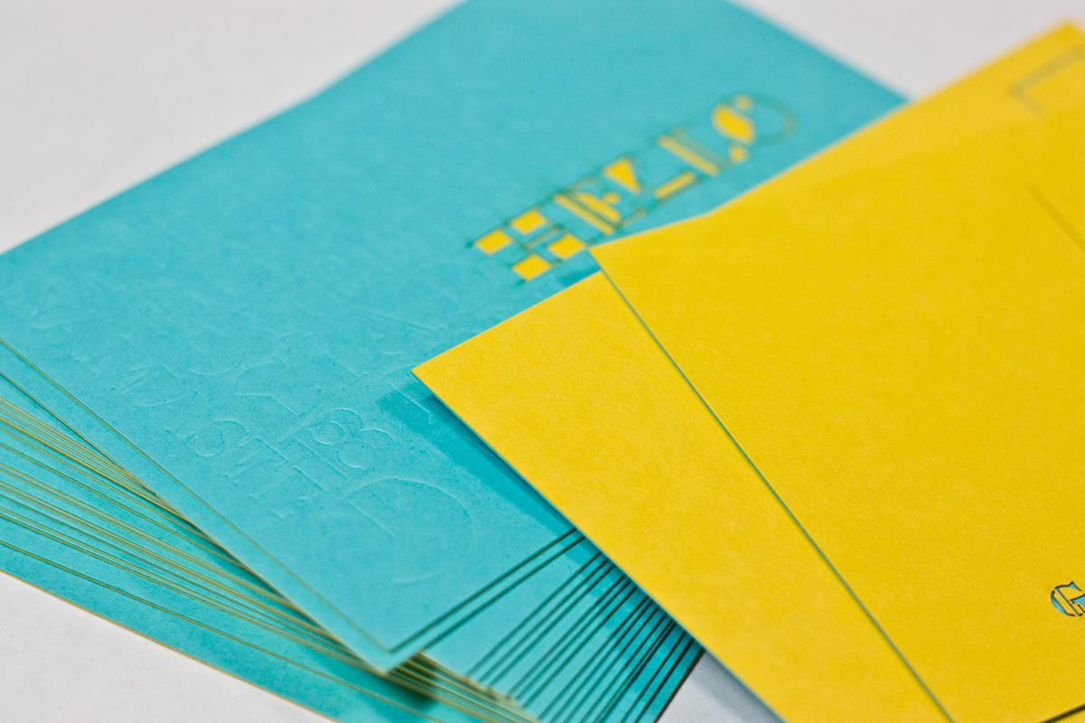 hello postcard blue yellow custom typography hub collective goodbye debossed laser cut Duplexed