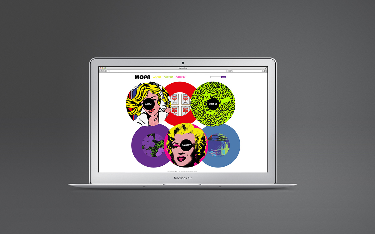 Pop Art mopa museum circles Website colorful cool Andy Warhol roy lichtenstein gallery HTML