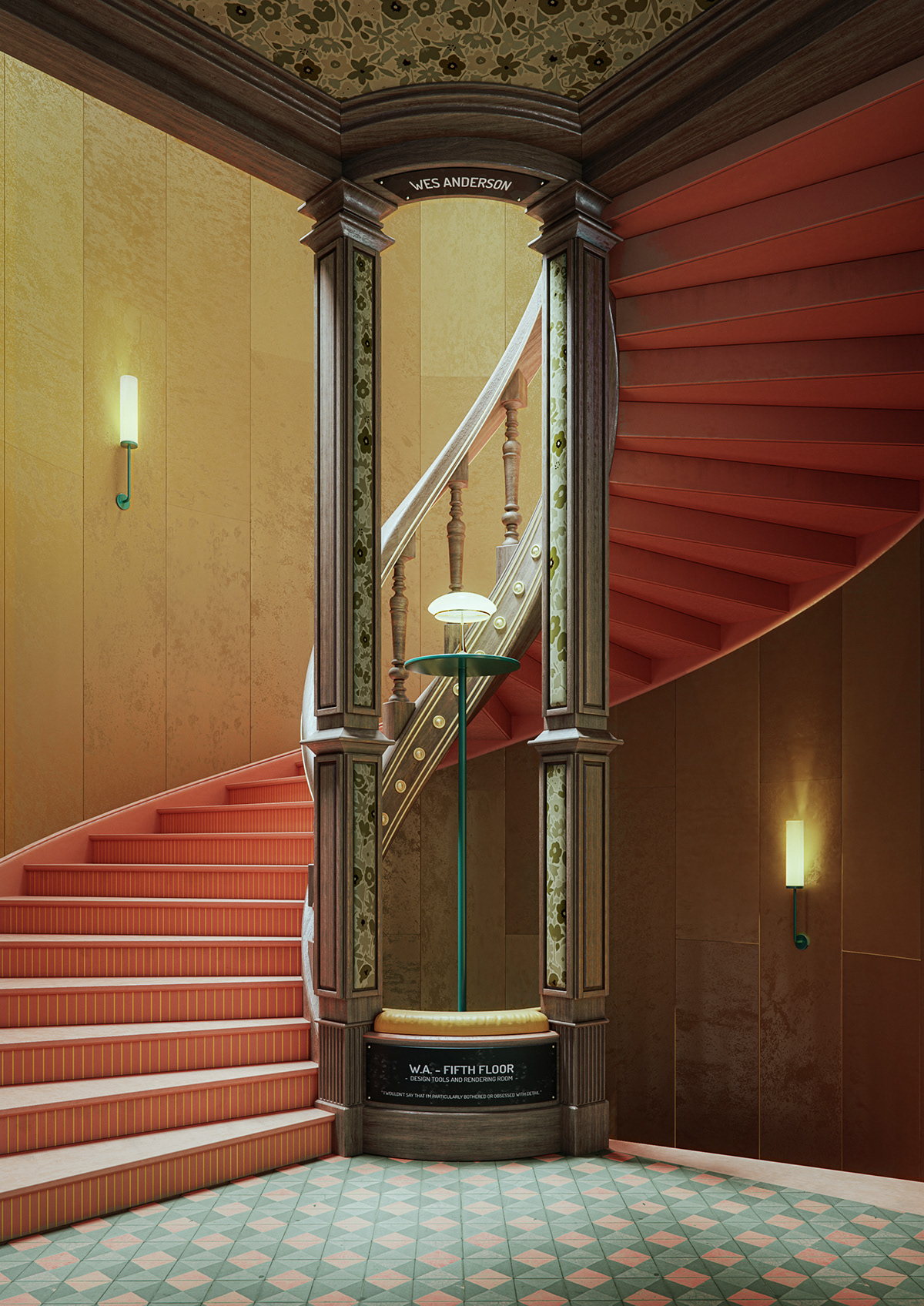 archiviz color hotel Interior Lamp Realism simmetry stairs wes anderson