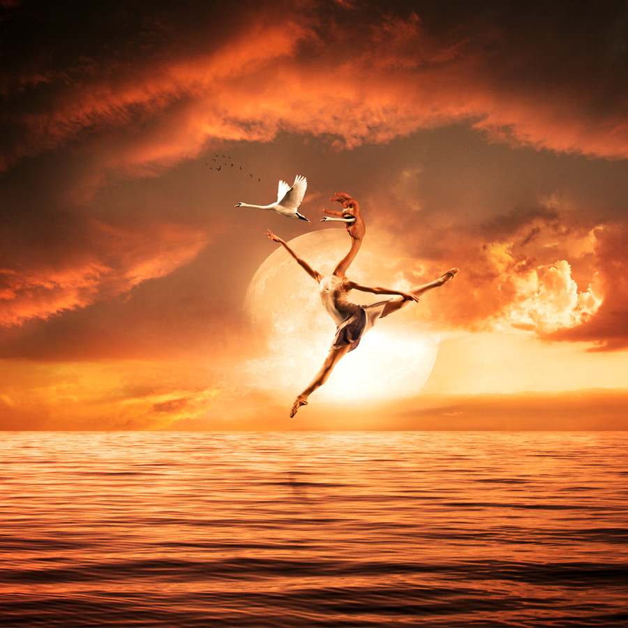 SKY afternoon Deja Vu cool dancer ballet swan black sea Ocean surreal photomanipulation art dancing Flying red water woman hand Beautiful creative talented nice sunset clou