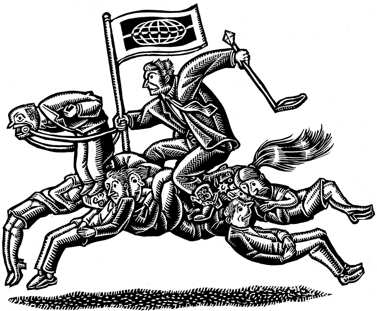 Man rides horse made of workers