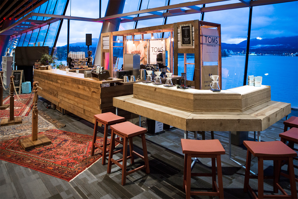 TOMS TED cafe Coffee Event Trade Show booth exhibit Space  launch marketing   Hang Out furniture industrial installation