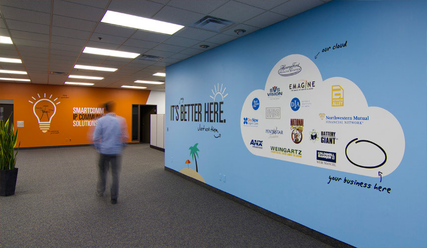 Vinyl Graphics vinyl installation Office Graphics  Office business telecommunications voice VoIP Internet Lobby culture