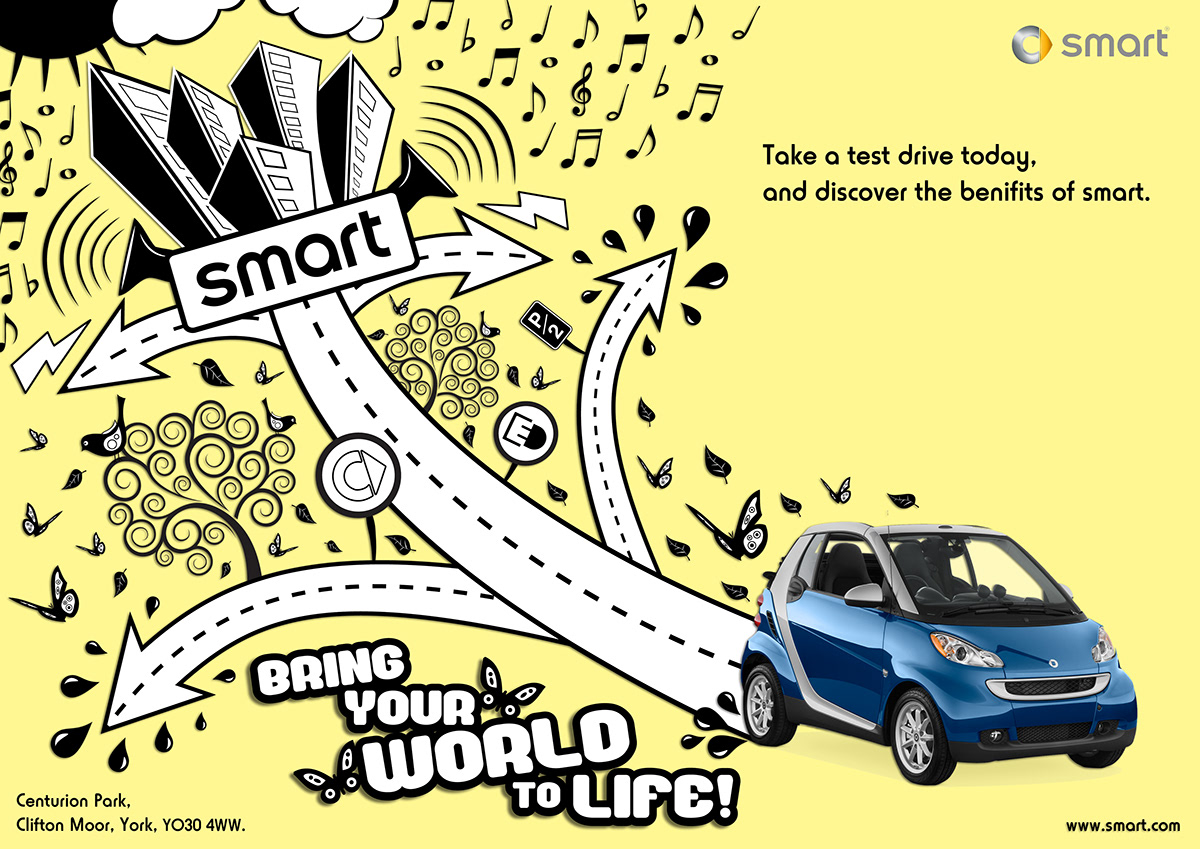 Smart car Illustrative design advert Fun green environmet