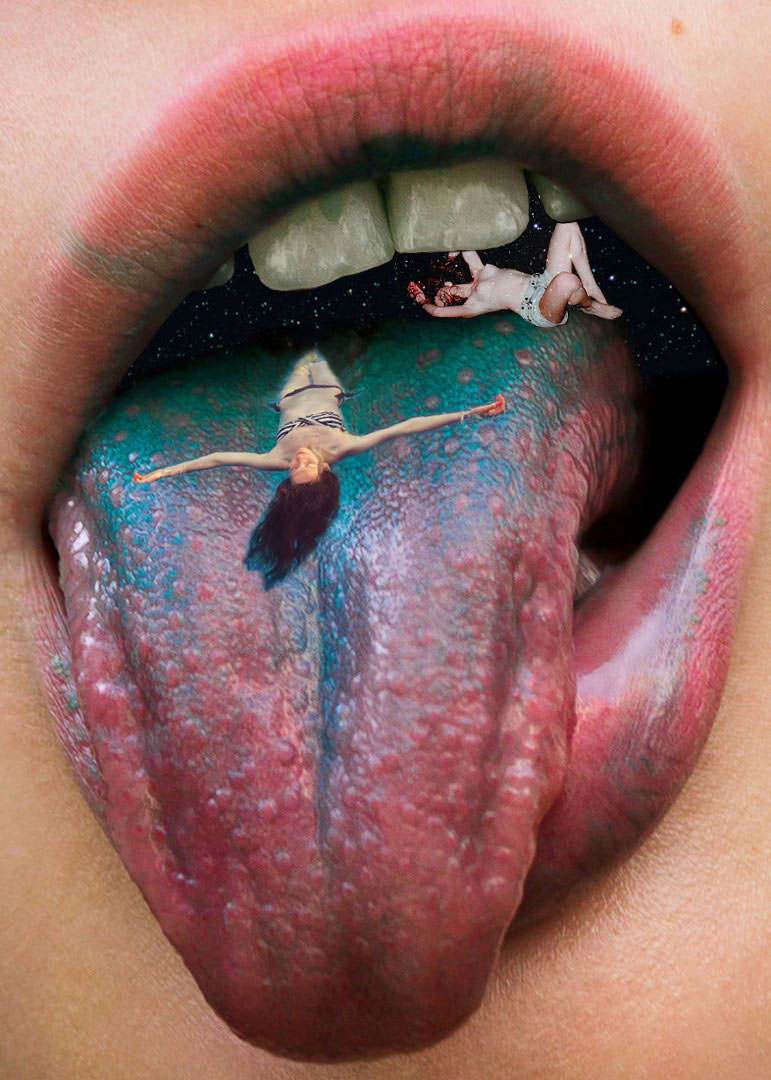 SKY stars water blue Mouth tongue Candy girls collage decoupage fine art blonde brunette floating swimming