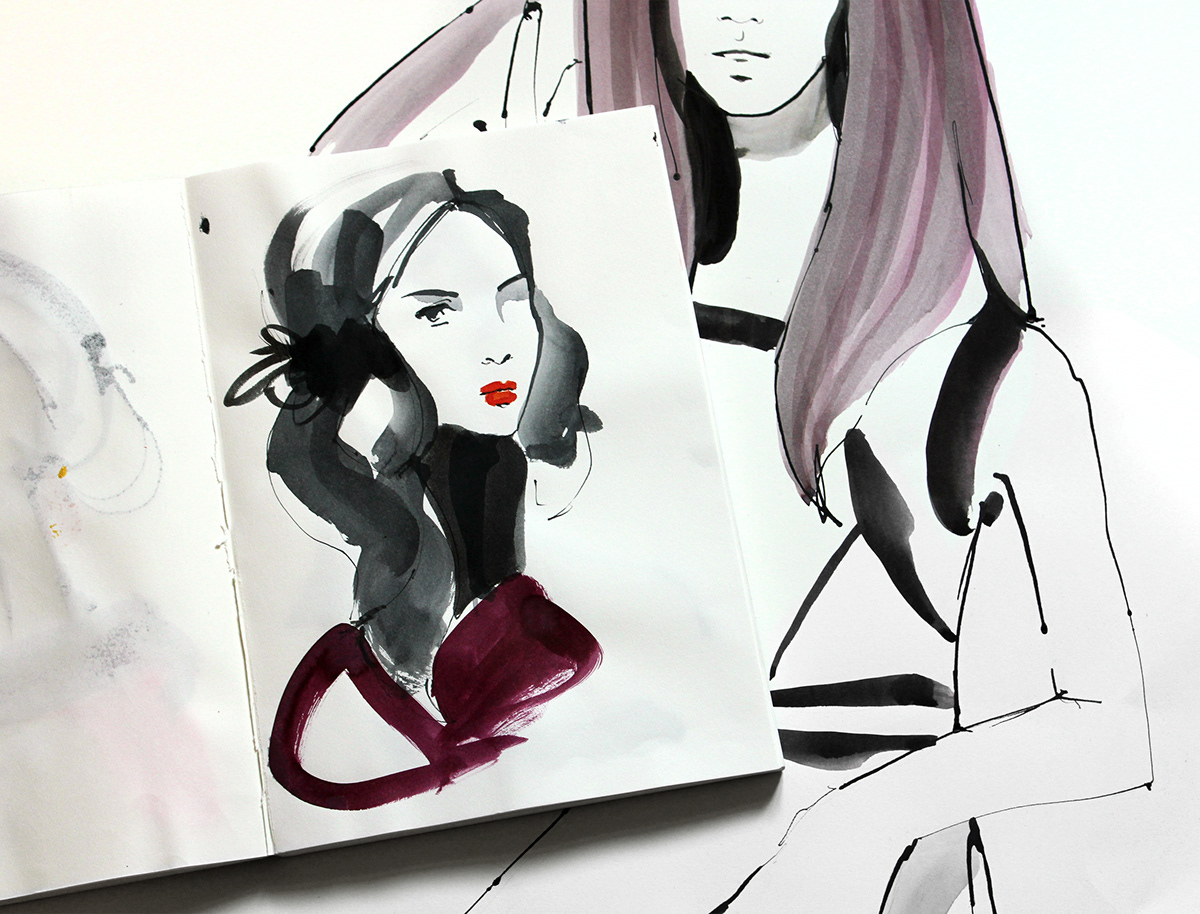 Ekaterina Koroleva  fashion illustration  The Outnet  Olivia Palermo ink  watercolor  collection  live-painting