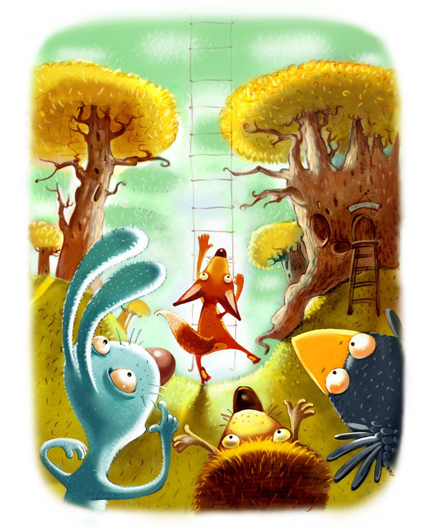 лиса дерево ребенок история ребенку книгу иллюстрации лес лисичка животные смешной счастливый красочность цифровой